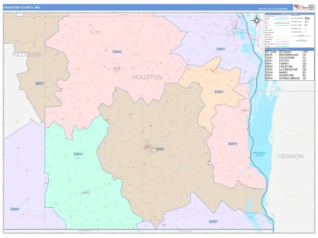 Houston County, MN ZIP Code Wall Map, ColorCast style