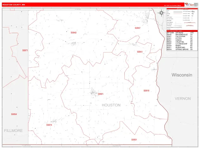 Houston County, MN ZIP Code Wall Map, RedLine style