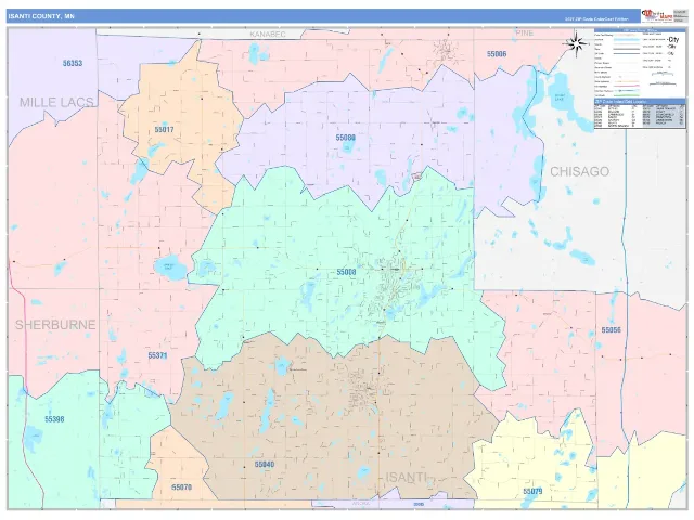 Isanti County, MN ZIP Code Wall Map, ColorCast style
