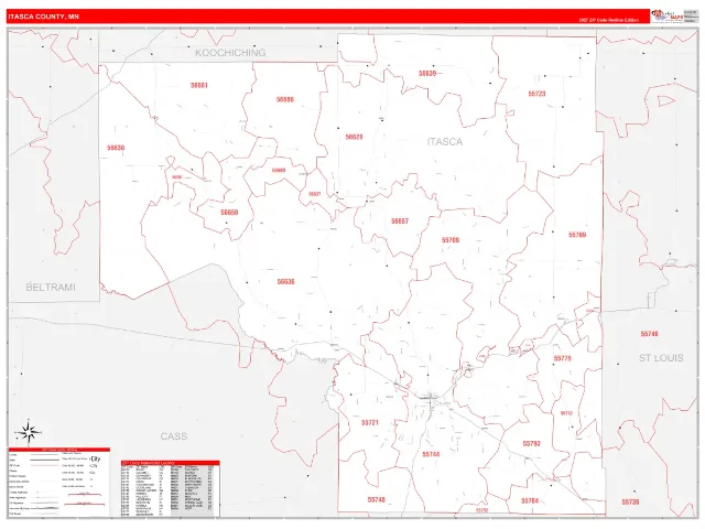 Itasca County, MN ZIP Code Wall Map, RedLine style