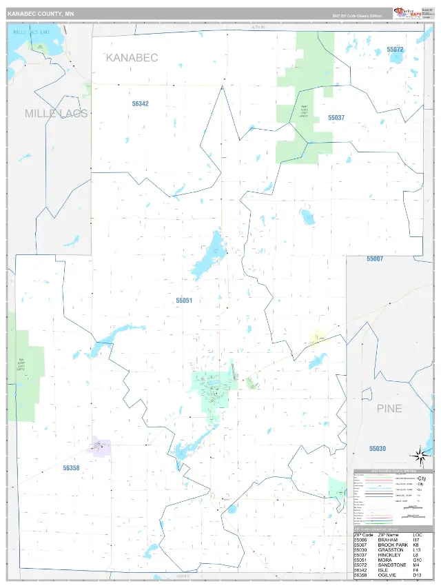 Kanabec County, MN ZIP Code Wall Map, Classic style