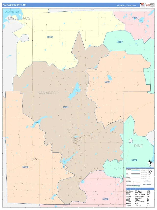 Kanabec County, MN ZIP Code Wall Map, ColorCast style