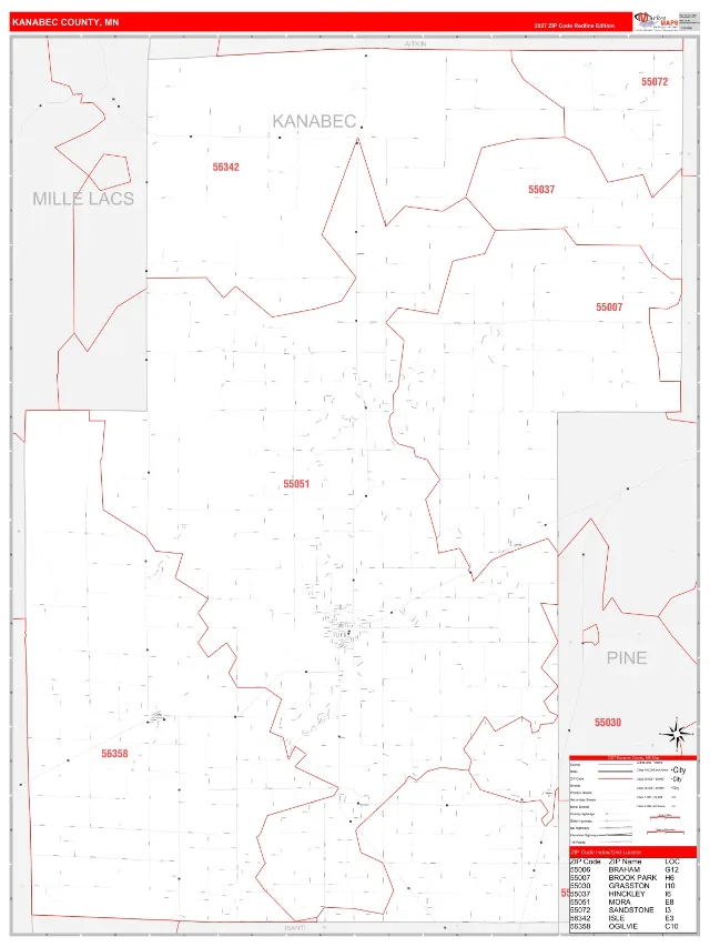 Kanabec County, MN ZIP Code Wall Map, RedLine style