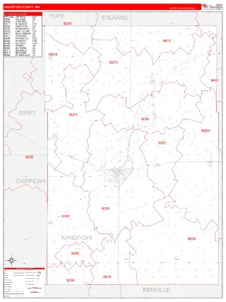 Kandiyohi County, MN RedLine style ZIP Code wall map