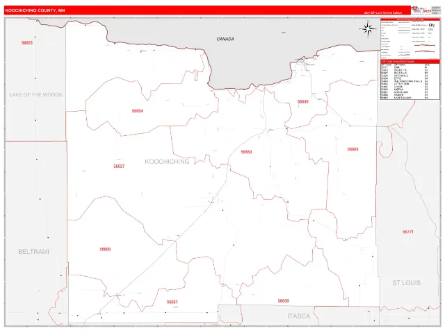 Koochiching County, MN ZIP Code Wall Map, RedLine style