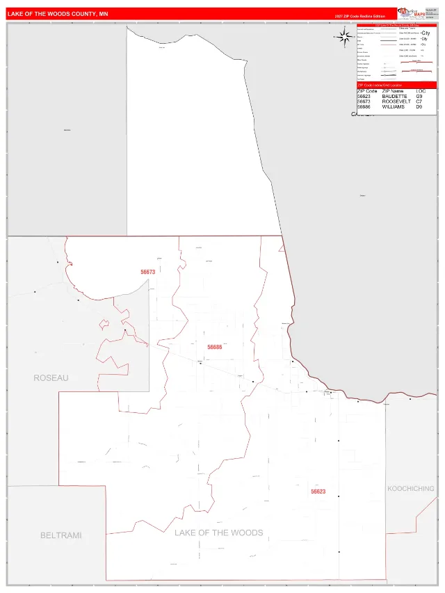 Lake of the Woods County, MN ZIP Code Wall Map, RedLine style