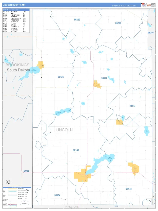 Lincoln County, MN ZIP Code Wall Map, Business Reference style