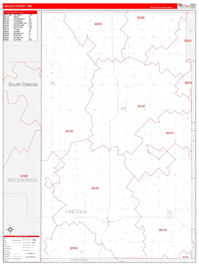 Lincoln County, MN ZIP Code Wall Map, RedLine style
