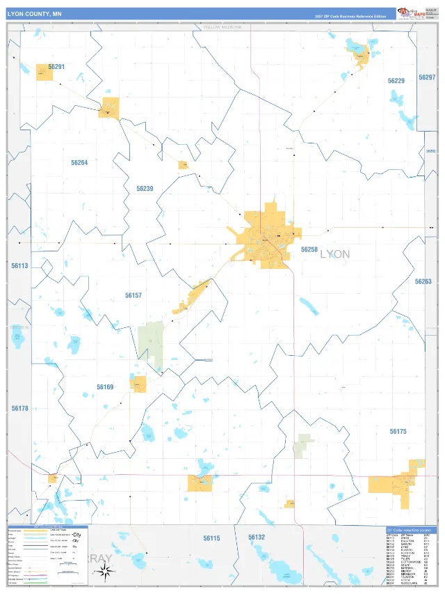Lyon County, MN ZIP Code Wall Map, Business Reference style