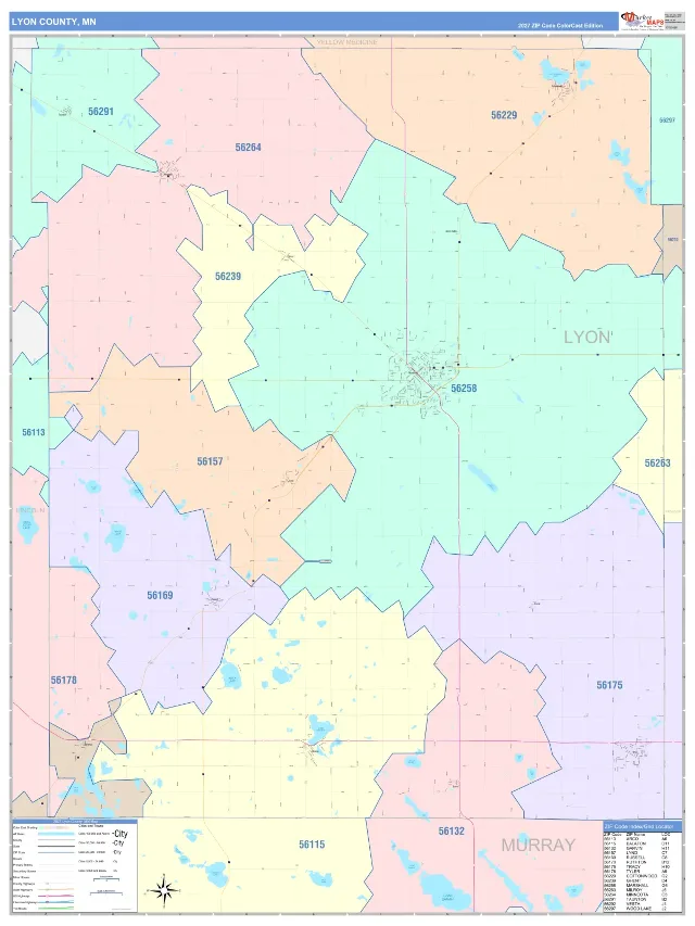 Lyon County, MN ZIP Code Wall Map, ColorCast style