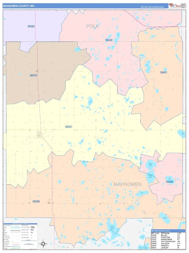 Mahnomen County, MN ZIP Code Wall Map, ColorCast style