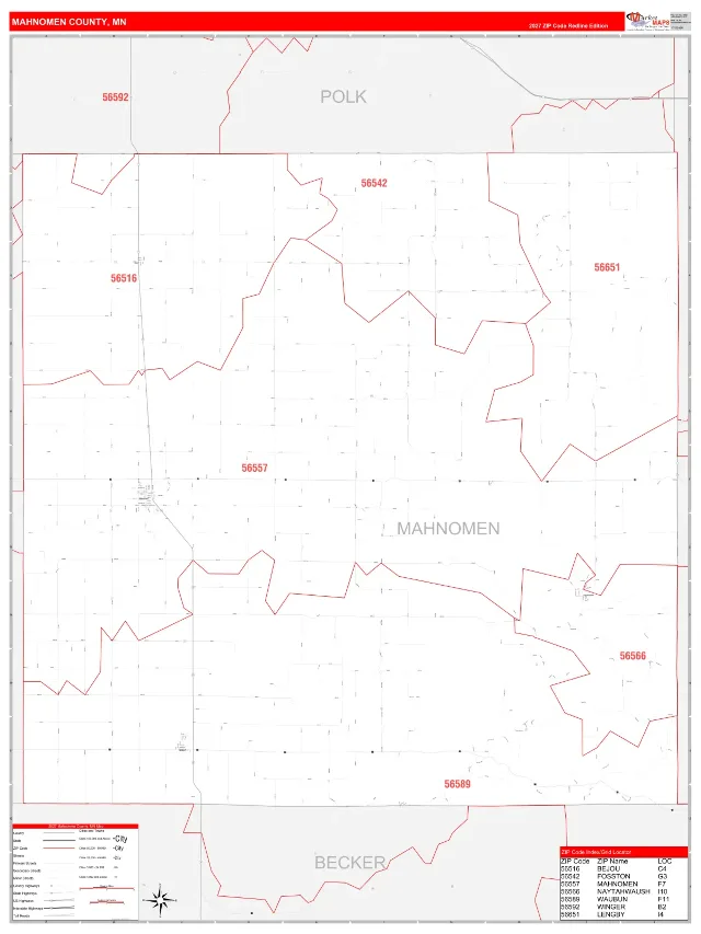 Mahnomen County, MN ZIP Code Wall Map, RedLine style