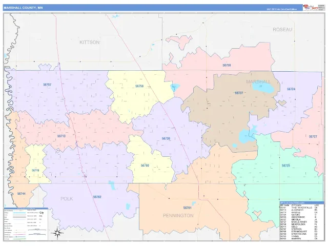 Marshall County, MN ZIP Code Wall Map, ColorCast style