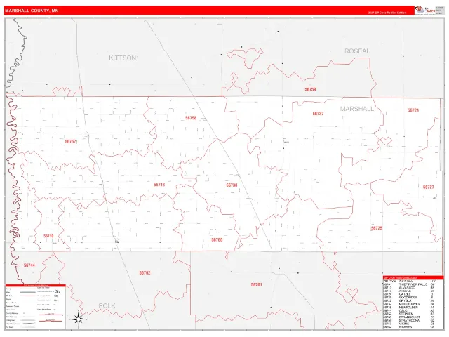 Marshall County, MN ZIP Code Wall Map, RedLine style