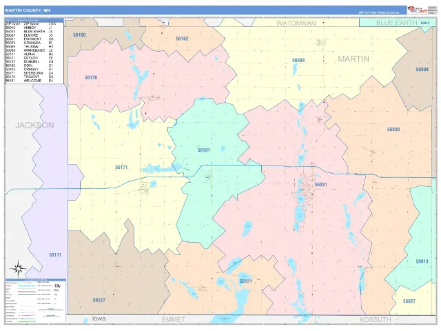 Martin County, MN ZIP Code Wall Map, ColorCast style