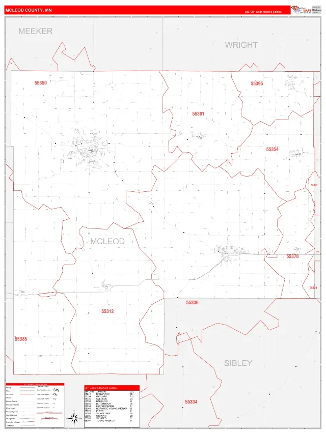 McLeod County, MN ZIP Code Wall Map, RedLine style