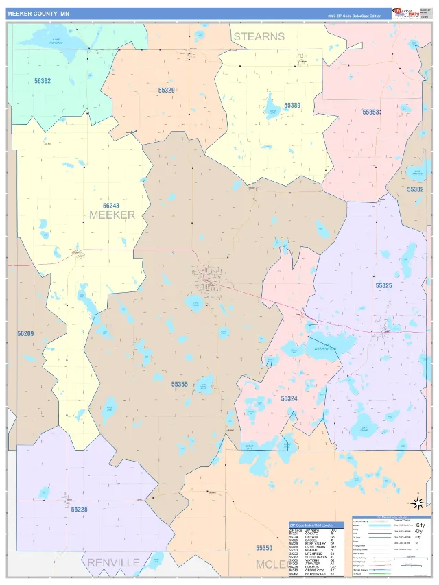 Meeker County, MN ZIP Code Wall Map, ColorCast style