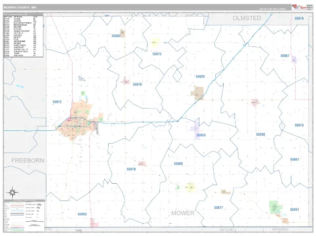 Mower County, MN ZIP Code Wall Map, Classic style