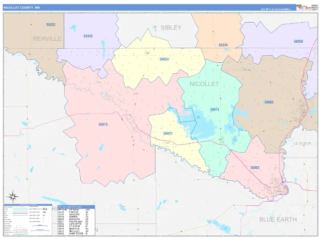 Nicollet County, MN ZIP Code Wall Map, ColorCast style