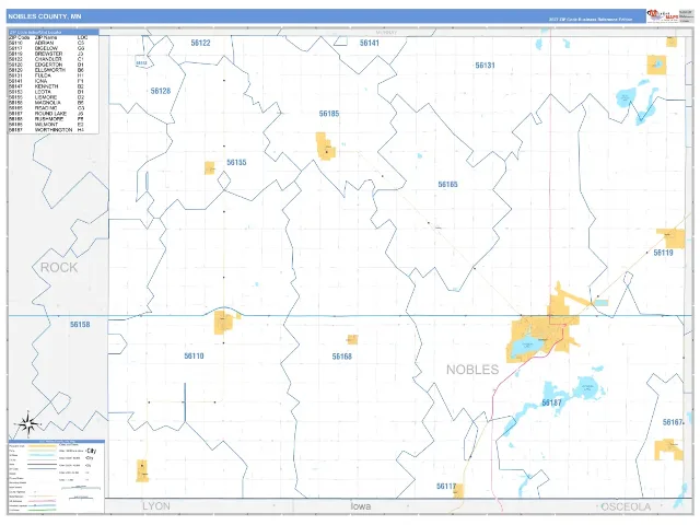 Nobles County, MN ZIP Code Wall Map, Business Reference style