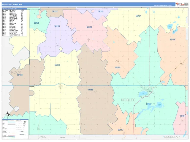 Nobles County, MN ZIP Code Wall Map, ColorCast style