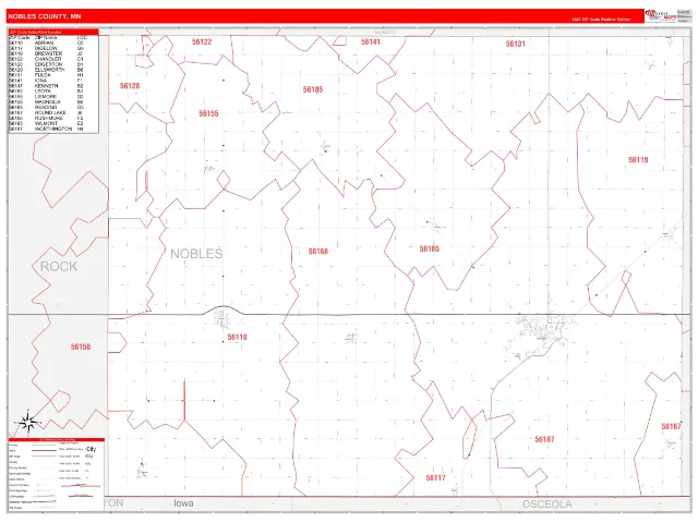 Nobles County, MN ZIP Code Wall Map, RedLine style