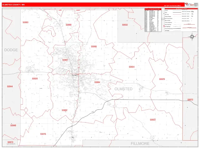 Olmsted County, MN ZIP Code Wall Map, RedLine style