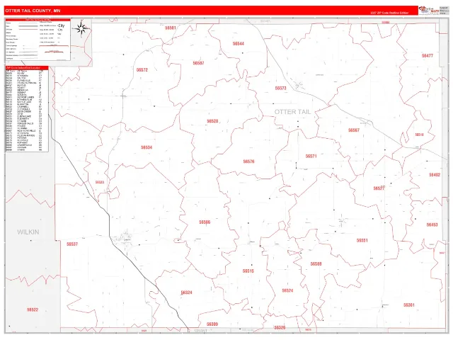 Otter Tail County, MN ZIP Code Wall Map, RedLine style
