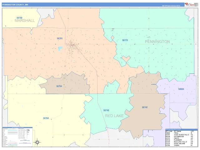 Pennington County, MN ZIP Code Wall Map, ColorCast style