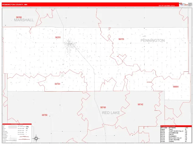 Pennington County, MN ZIP Code Wall Map, RedLine style