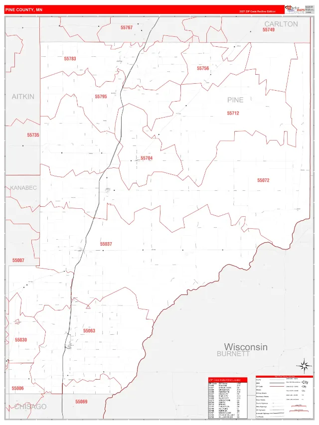 Pine County, MN ZIP Code Wall Map, RedLine style