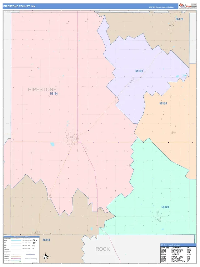 Pipestone County, MN ZIP Code Wall Map, ColorCast style