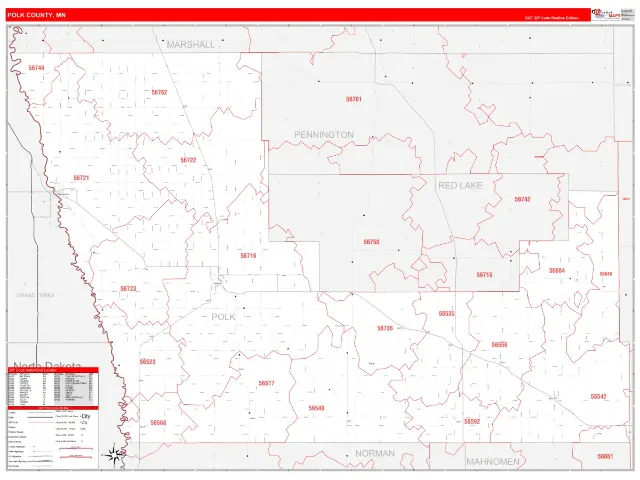Polk County, MN ZIP Code Wall Map, RedLine style