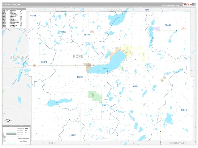 Pope County, MN ZIP Code Wall Map, Classic style
