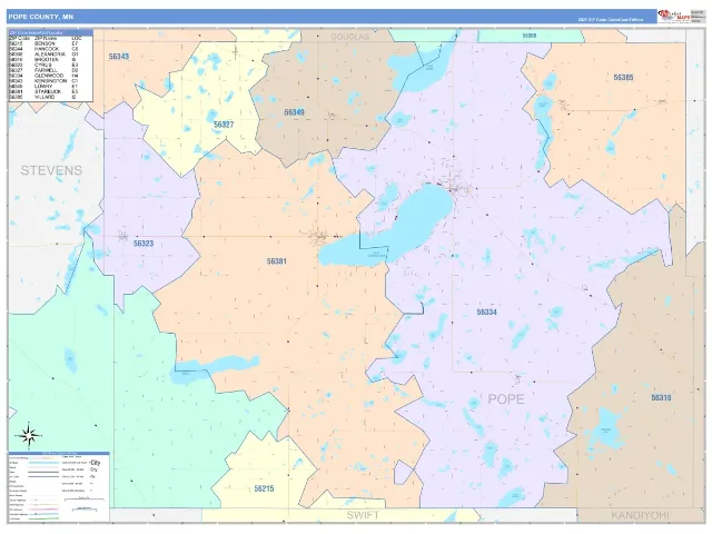Pope County, MN ZIP Code Wall Map, ColorCast style