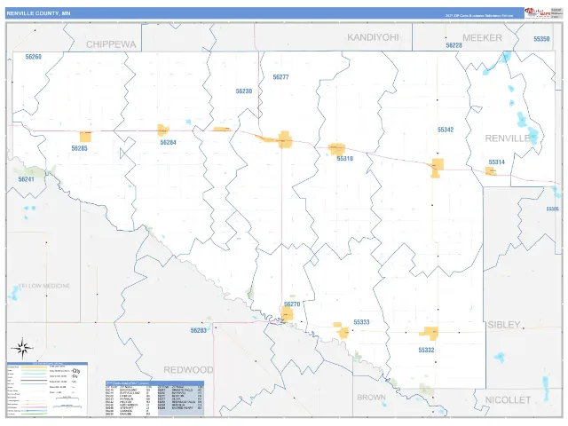 Renville County, MN ZIP Code Wall Map, Business Reference style