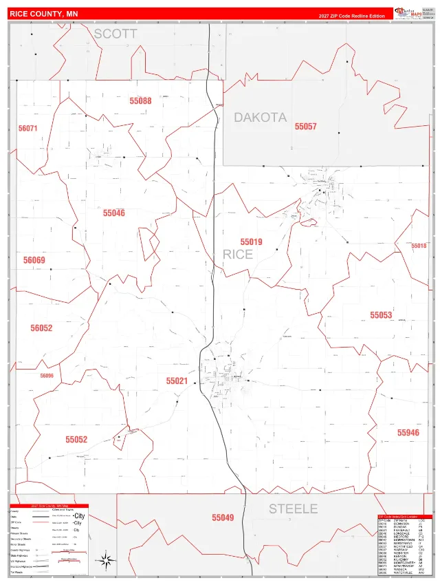 Rice County, MN ZIP Code Wall Map, RedLine style