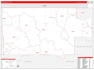 Roseau County, MN RedLine style ZIP Code wall map