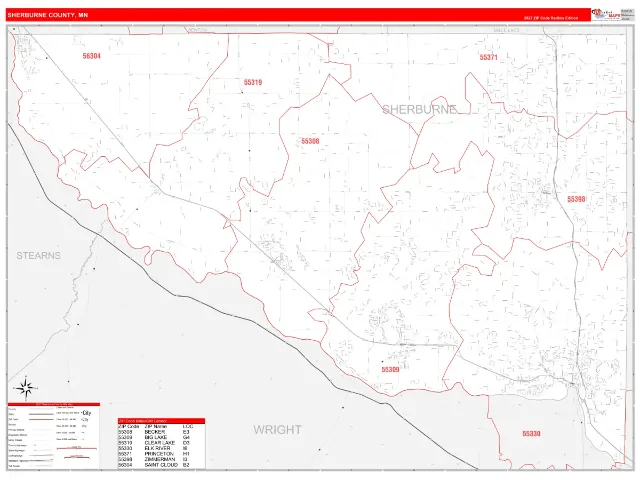Sherburne County, MN ZIP Code Wall Map, RedLine style