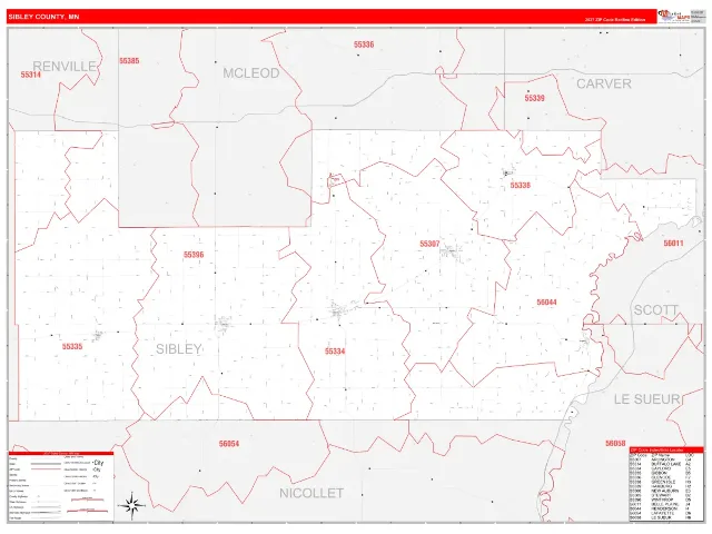 Sibley County, MN ZIP Code Wall Map, RedLine style