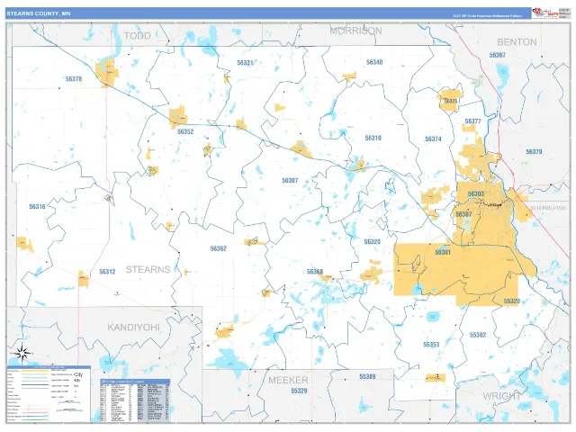 Stearns County, MN ZIP Code Wall Map, Business Reference style