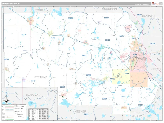Stearns County, MN ZIP Code Wall Map, Classic style