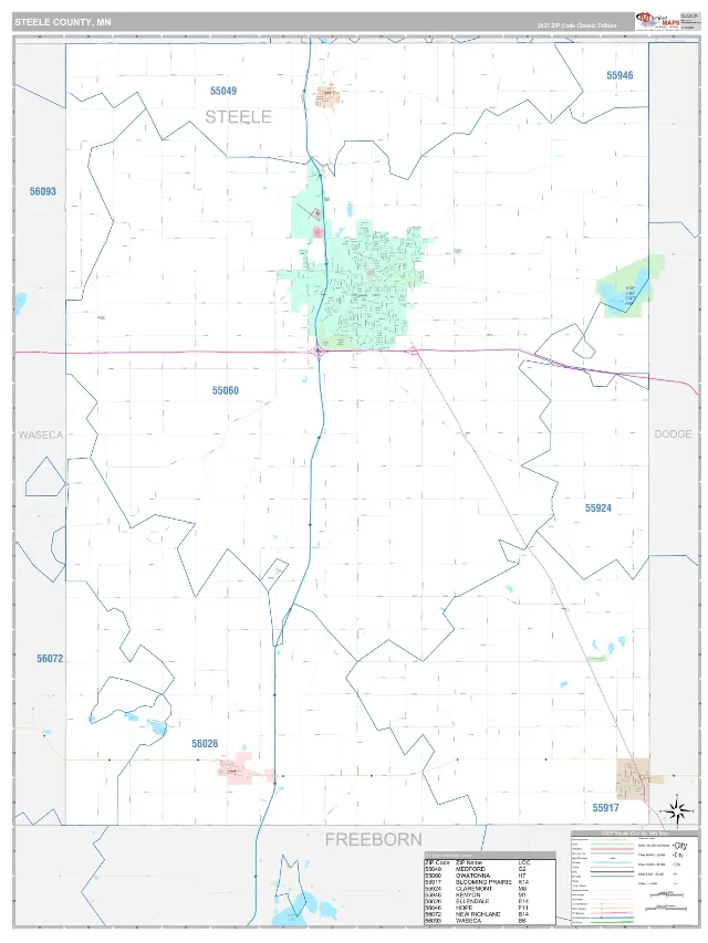 Steele County, MN ZIP Code Wall Map, Classic style