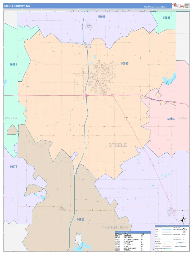 Steele County, MN ZIP Code Wall Map, ColorCast style