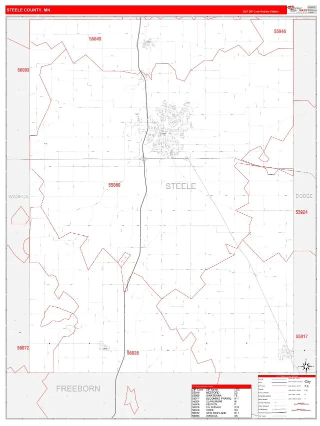 Steele County, MN ZIP Code Wall Map, RedLine style
