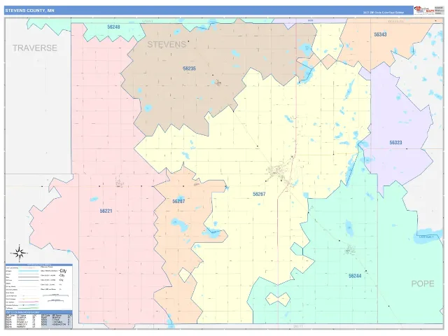 Stevens County, MN ZIP Code Wall Map, ColorCast style