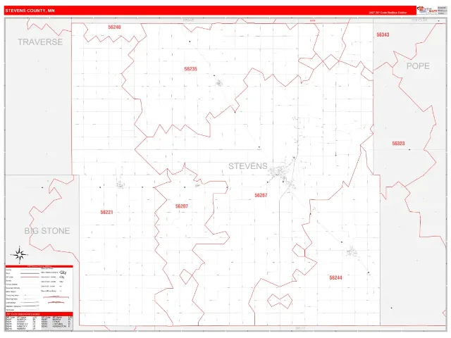 Stevens County, MN ZIP Code Wall Map, RedLine style
