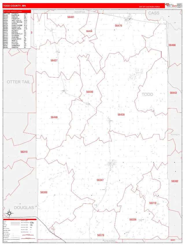 Todd County, MN ZIP Code Wall Map, RedLine style