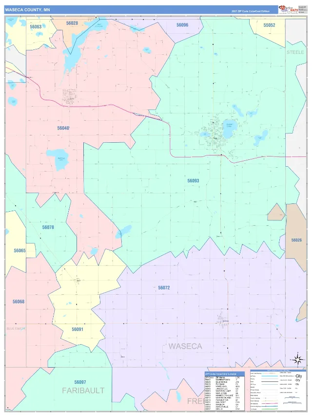 Waseca County, MN ZIP Code Wall Map, ColorCast style