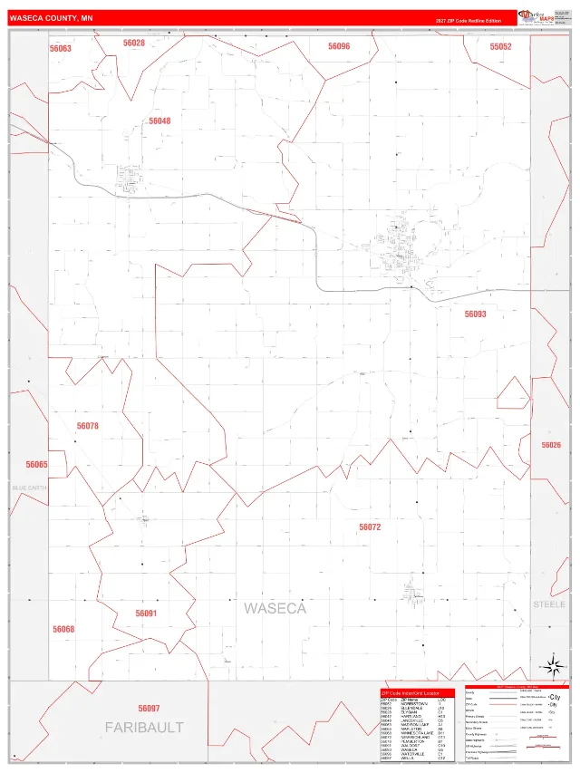 Waseca County, MN ZIP Code Wall Map, RedLine style